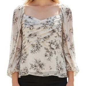 EXPRESS Light Pink‎ Chiffon Floral With Silver Threading Blouse NWOT Size Small